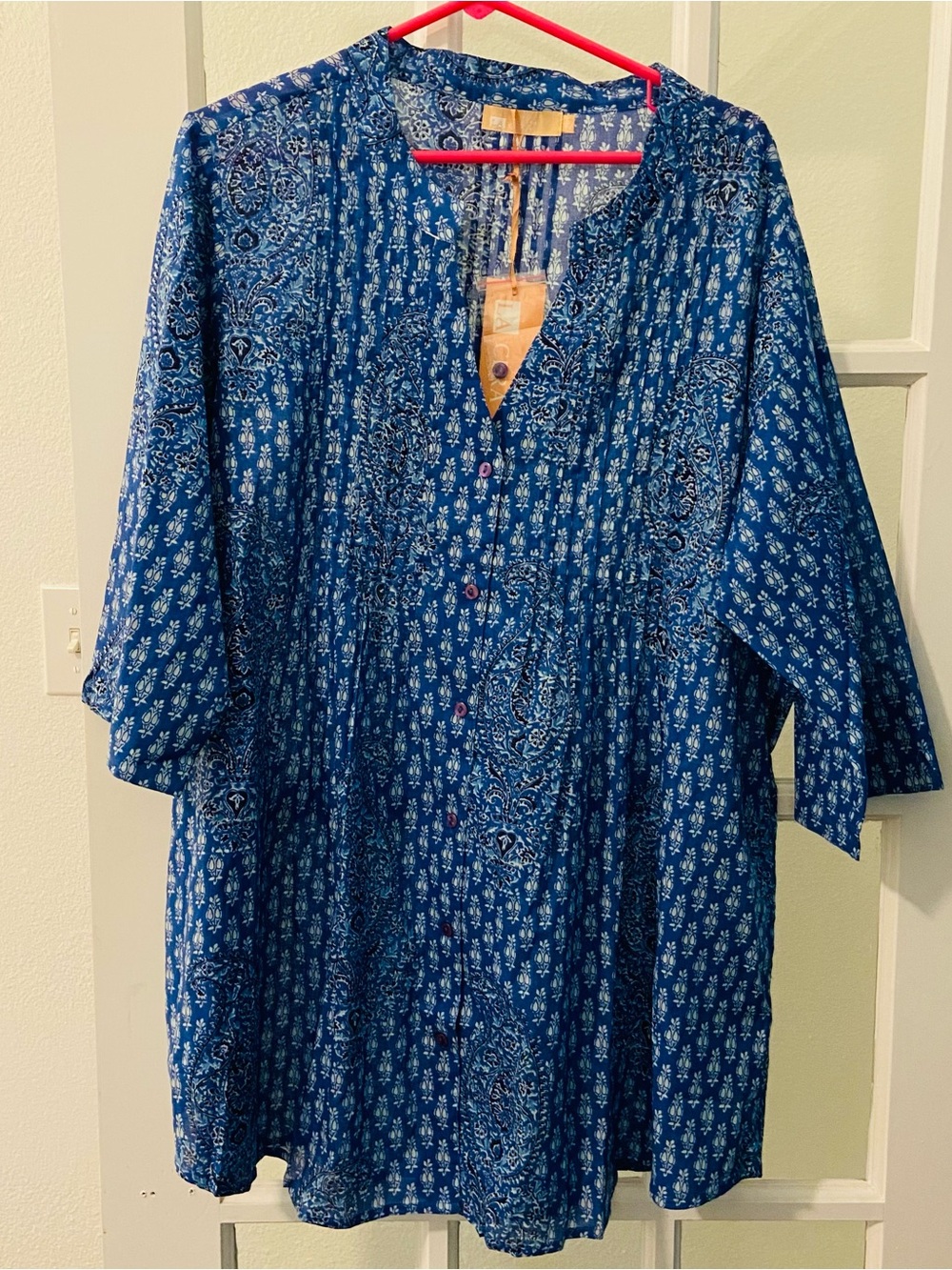 La Cera Womens 2X Blue Paisley 100% Cotton Boho Tunic Top NWT - Picture 6 of 6